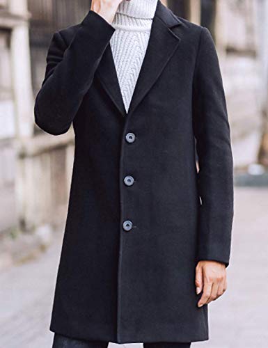 Tanming Mens Black Trench Coat Notched Lapel Single Breasted Long Peacoat Overcoat (Black-XS)
