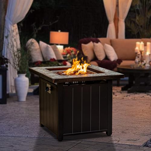 OutVue 28 inch Real Slate Propane Fire Pit Table, Gas Fire Pits for Outside Patio,50000 BTU Propane Fire Pits with Lid &Lava Rocks,Firepit for Garden,Yard