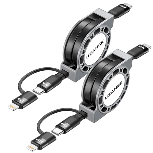 UZAHSK 2 in 1 Retractable USB C to USB C/Lightning Charger Cable,[2Pack 4ft] USB C to Type-C[60W]+Lightning Fast Charging Cord for Phone16/15/14/13/12 Pro Max/Plus/Mini/iPad/Samsung/Tablets/More