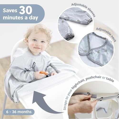 BIBaDO Long Sleeve Coverall Bib – Babies & Toddlers 6-36. Mess Proof Baby Feeding Bib Attaches To Highchairs, Pushchairs, Tables. 100% Waterproof, Machine Washable