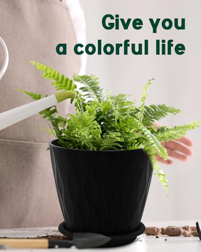 Goproauto 6 Inch Indoor Planter Pots with Drainage Hole and Tray Saucer,Flower Pots for Indoor Outdoor Garden Plants and Flowers, Multicolor, 5 Packs (Black)