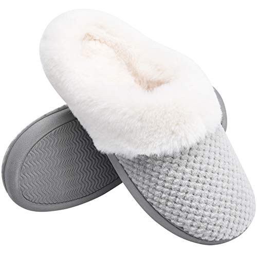 Temi Women's Soft Warm Memory Foam Slippers,Faux Fur Lined Fluffy Slip On House Shoes with Indoor Outdoor Anti-Skid Rubber Sole