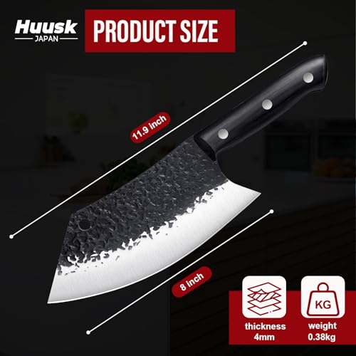 Huusk 4pcs Butcher Knife Set - Japanese Meat Cleaver Knife & Axe-like Kitchen Knife & Sharp Viking Knife for Meat Cutting, Camping, BBQ, High Carbon Steel Knives Set with Sheath