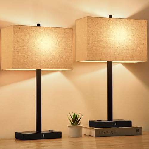 21" Touch Bedside Lamps with 2 USB & AC Outlets, 3-Way Dimmable Bedside Table Lamps Set of 2 for Bedroom Living Room Office Reading, Beige Linen Shade Lamps for Night Stands, 2700K LED Bulbs Included