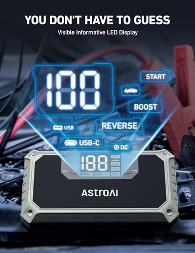 AstroAI Car Jump Starter, 2000A 12V 8-in-1 Battery Jump Starter, Up to 7.0L Gas & 4.0L Diesel Engines, Intuitive LED Screen, Quick Charge 3.0 Power Bank with Cigarette Adapter, Jumper Cable