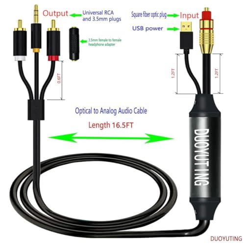 DUOYUTING Digital to Analog 3.5mm AUX Audio Cable, 2 RCA Adapter, All-in-one D/A Audio Converter, for TV/PS4/Xbox/DVD SPDIF/TOSLINK/Optical Port to Sound Box Amplifier Headphones (16.5FT)