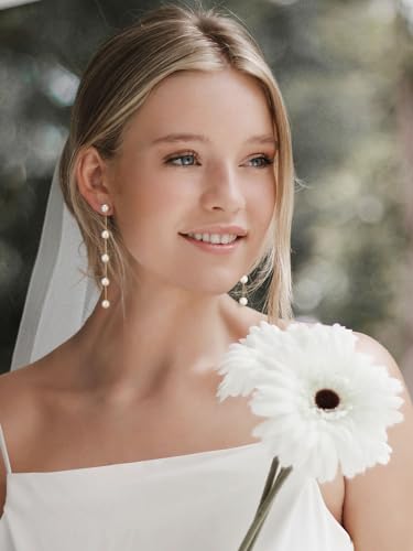 SWEETV 14K Gold Plated Long Pearl Drop Dangle Earrings for Women, Tassel Chain Baroque Pearl Wedding Bridal Earrings for Brides Bridesmaids, Prom Jewelry Gifts