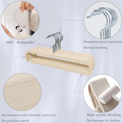 Pants Hangers Non Slip - 20 Pack Velvet Hangers for Closet - Thin Space Saving Clothes Hanger - Strong, Durable, Jean Hangers with 360 Degree Rotatable Hook, Tank Top Hangers for Bra, Shorts (Beige)