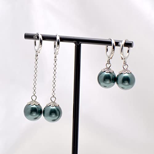Grey Nacre Shell Pearl Drop Linear Dangle Earrings for Women, Vintage Leverbacks