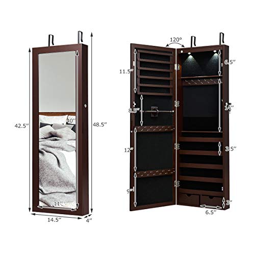 Giantex Jewelry Armoire Wall Door Mounted, Lockable Jewelry Cabinet with 42.5'' Full Length Mirror, 2 LEDs Jewelry Organizer Box with 2 Drawers, Mirror with Jewelry Storage (Espresso)
