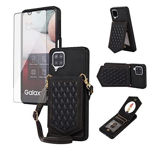 Phone Case for Samsung Galaxy A12/M12 Wallet Cover with Tempered Glass Screen Protector and Mirror Credit Card Holder Slot Shoulder Crossbody Strap Cell S A 12 5G A-12 S12 12A 4G Women Girls Black