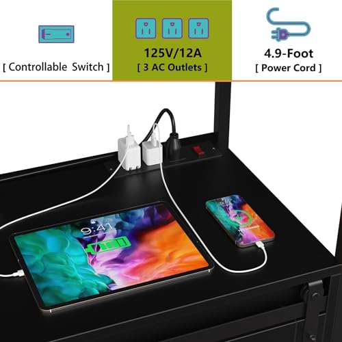 Furniouse 6-Tier Kitchen Bakers Rack with Power Outlet, Industrial Microwave Oven Stand with Shelves, Kitchen Utility Storage Shelf with Cabinet, Standing Kitchen Storage Rack (Black)