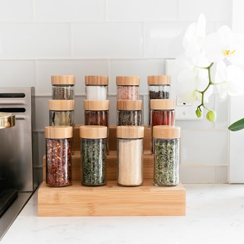 24 Glass Spice Jars with Label, Round Bamboo Spice Jar Set 4oz Seasoning Containers with Labels, 374 Spice Labels, Spice Bottles Funnel Empty Spice Jars and Shaker Lids Spice Containers and Grinder