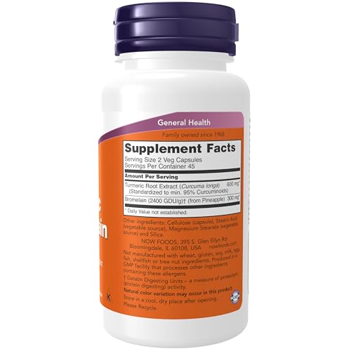 NOW Foods Supplements, Turmeric & Bromelain (Standardized Turmeric Extract) with Bromelain 2400 GDU/g, 90 Veg Capsules