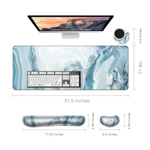 MIBITRI Keyboard Mouse Pad Set, Extended Gaming Mouse Pad+Ergonomics Keyboard Wrist Rest Support, Memory Foam, Easy Typing Pain Relief, 3Pcs XXL Ultra Thick Desk Mat, Forest in The Morning