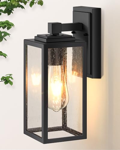 VIANIS Outdoor Wall Lights, Porch Lights Outdoor Lantern, Black Waterproof Outdoor Light Fixtures Wall Mount with Seed Tempered Glass