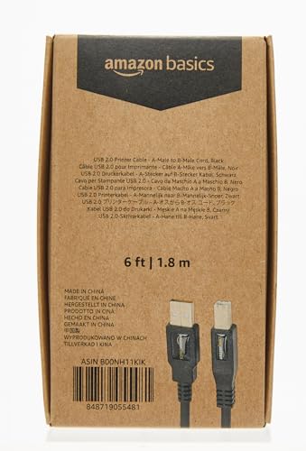 Amazon Basics USB-A to USB-B 2.0 Cable for Printer or External Hard Drive, Gold-Plated Connectors, 6 Foot, Black