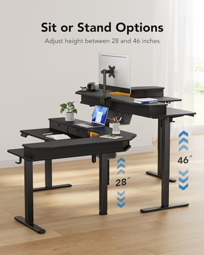 HUANUO 65″ L-Shaped Standing Desk with Power Outlets & LED Strip, Support C-Clamp Mount, Electric Height Adjustable Corner Computer Desk with 3 Drawers, Sit Stand Up Desk with Large Power Strip Holder