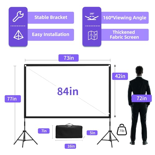 Projector Screen with Stand, Towond 84 inch Outdoor Projector Screen Portable Indoor Projection Screen 16:9 4K Rear Front Movie Screen with Carry Bag for Home Backyard Theater