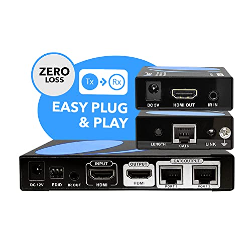 OREI 1X2 HDMI Extender Splitter Over Single CAT6/7 Cable Uncompressed 1080P with IR Remote EDID - Up to 132 Ft - Loop Out - Low Latency - 1 Input 2 Output 2 Channel Transmission