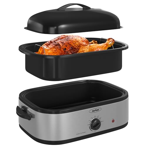 Sunvivi 14-Quart Electric Roaster Oven with Self-Basting Lid, Turkey Roaster Oven with Removable Pan and Rack, Stainless Steel, Black