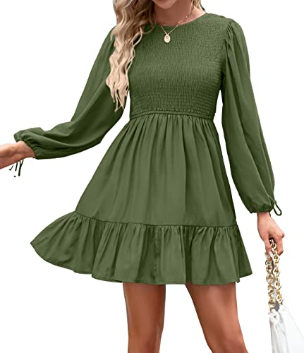 ZESICA Women's Long Sleeve Smocked Dress 2024 Fall Casual Crew Neck Tiered Swing Cocktail Wedding Party Mini Dresses,Black,Large