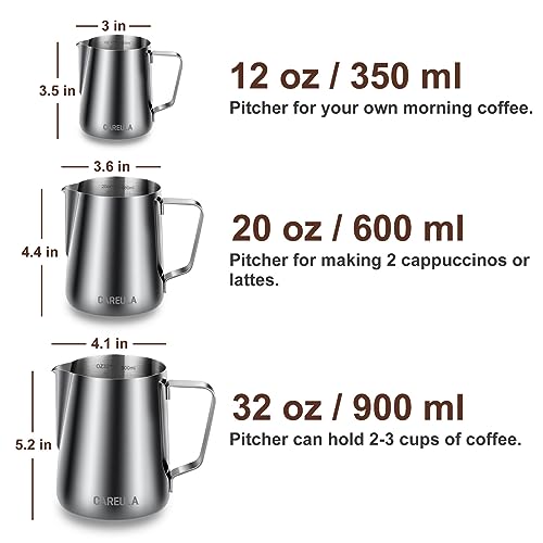 Milk Frothing Pitcher, 12oz Stainless Steel Milk Frother Cup Steaming Pitcher, Coffee Bar Cappuccino Espresso Machine Accessories Barista Tools, Metal Pitcher Milk Jug with Decorating Latte Art Pen