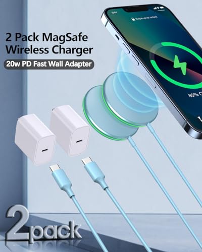 2 Pack Magnetic Wireless Charger 15W Apple Mag-Safe Charger with 20W Adapter for iPhone 15/14/13/12 Pro/Max/Plus/Mini and AirPods 3/2/Pro 2/Pro Mag Safe Wireless Charging Pad with 5ft Charging Cable