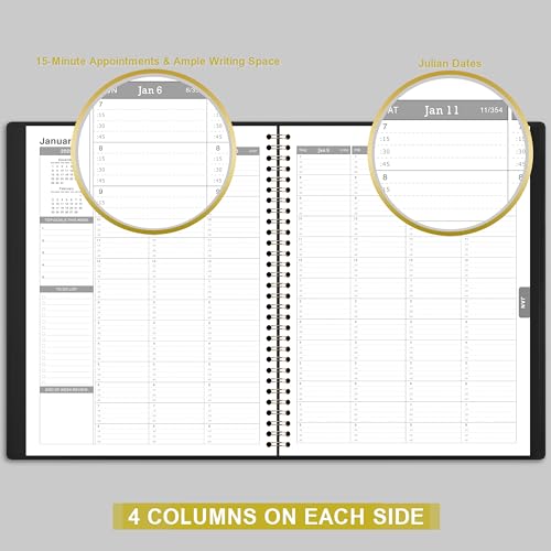 2024-2025 Weekly Appointment Book - Daily Hourly Planner from July 2024 - June 2025, 8.4" x 10.6", 15-Minute Interval, Flexible Leather Cover - Black