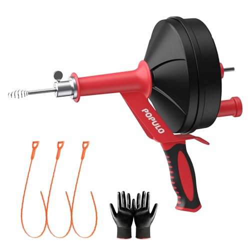 POPULO Drain Auger, 25 Ft Plumbing Snake Clog Remover with Glove and Snake Drain Drill Attachment, 3/4"-2" Pipe Snake Hair Drain Clog Remover Tools for Shower, Bathtub, Sink, Kitchen, Sewer