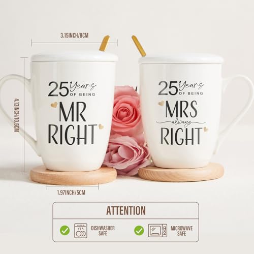 AW BRIDAL 25th Wedding Anniversary Mr and Mrs Gifts Set Novelty Coffee Mugs Set of 2, 12 OZ| Anniversary 25th Gifts for Parents, His and Hers Gifts, Ceramic Couple Gifts for Wife and Husband