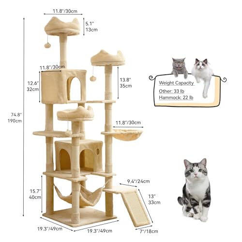 YITAHOME Tall Cat Tree for Indoor Cats, 75 inch Multi-Level Cat Tower with Cat Condos, Top Perches, Sisal Ramp Scratching Posts, Cozy Basket, Hammocks, Large Cat Pet Activity Structure,Beige