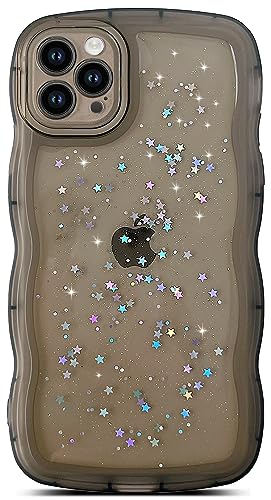 Qokey for iPhone 14 Pro Max Case 6.7", Curly Wave Design Transparent Bling Glitter Shiny Case Cute Clear Transparent Full Protection Soft TPU Shockproof Phone Cover(Black, for iPhone 14 Pro Max)