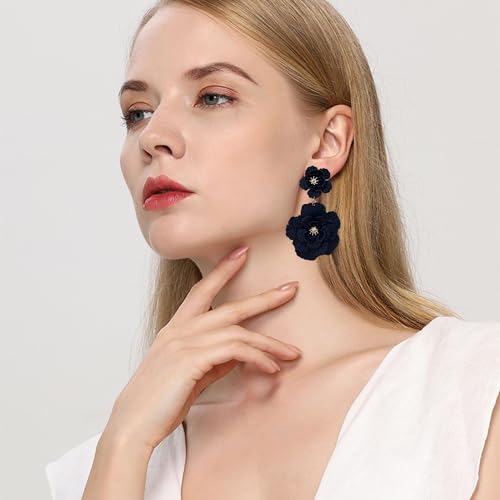 Just Follow Large Double Flower Earrings Candy Color Metal Flower Dangle Earrings Romantic Boho Sweet Flower Statement Earrings for Women Girl Wedding Party Jewelry (Black)