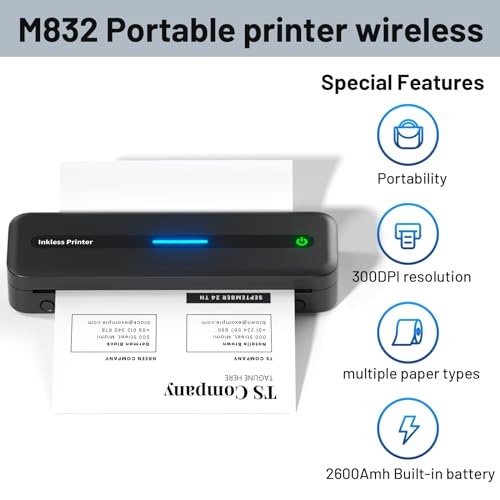 Portable Printer Wireless for Travel,M832 Bluetooth Printer Support 8.5" X 11" US Letter, Inkless Thermal Compact Printer Compatible with Android and iOS Phone & Laptop