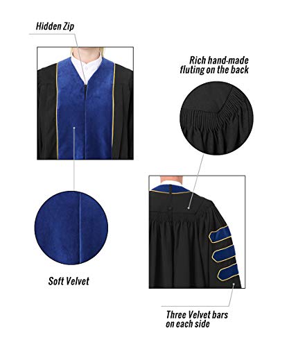 GraduatePro Doctoral Graduation Gown for Faculty and Professor PhD Regalia with Velvet and Gold Piping Blue 45