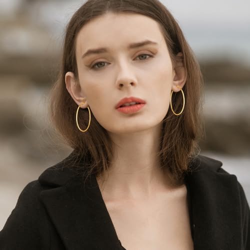 PICKBEAU Gold Dangle Hoop Earrings for Women, 14K Gold Plated Stainless Steel Earrings Drop Hypoallergenic Hoops Earrings(50mm)