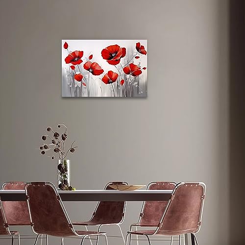 QIXIANG Red Poppies Flower Wall Art Poppy Blooming Canvas Painting Art Floral Oil Painting Prints Framed Bathroom Decor Ready to Hang (12.00" x 18.00", Poppies 1)