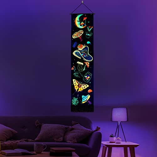 Racunbula Mushroom Tapestry Blacklight Sun Moon Tapestry Vertical Floral Butterfly Tapestry Galaxy Stars Tapestry Hippie Abstract Tapestry Wall Hanging for Bedroom (Moon)