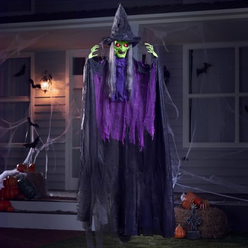 JOYIN 72” Hanging Witch Decor Halloween Decorations Outdoor, Flying Witch Life Sized Sound Activated Light Up Eyes Party Supplies Garden Haunted House Front Porch Door Scary Modern