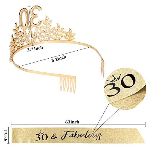 30th Birthday Sash and Tiara for Women, CIEHER 30th Birthday Decorations for Women Gold 30th Birthday Sash Birthday Crown 30 & Fabulous Sash for Women 30th Birthday Gifts for Her Happy 30 Birthday