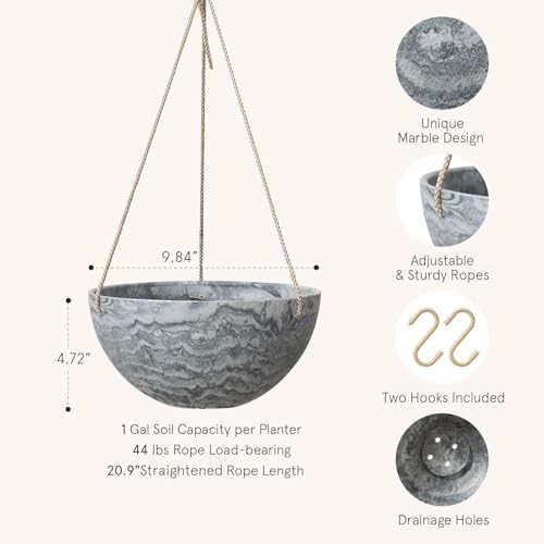 LA JOLIE MUSE Hanging Planter Flower Plant Pots - 9.84 Inch Indoor Outdoor Balcony Patio Hanging Basket Set of 2, Marble Pattern