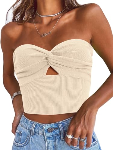 EFAN Womens Tube Tops Going Out Cut Out Twist Knot Front Bandeau Ribbed Knit Y2K Strapless Tank Bustier Corset Tops LightGreen M