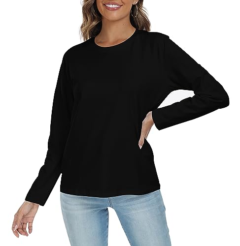 LOVFEE Women's Basic Crewneck Tee Long Sleeve Cotton Tops Loose Fit T-Shirt Black/S