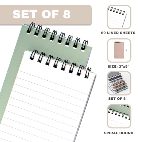 ZICOTO Aesthetic Pocket Notebooks Set Of 8 - Small 3x5 Spiral Notepads With Lined Pages - The Perfect Little Mini Note Pads to Stay Organized and Boost Productivity at Work or School