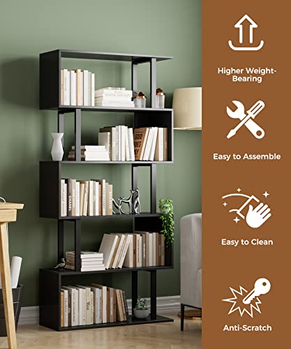 Gadroad 5-Tier Geometric Bookcase,S Shaped Bookshelf, Wood Decorative Storage Shelving, Modern Freestanding Display Shelves, Tall Book Shelf Unit for Living Room Bedroom, Black