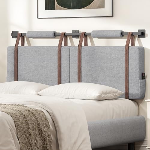 DWVO Wall-Mounted Twin Headboard Only, Linen Fabric and High-Density Dponge with Side Pockets, Industrial Pipe, Height Adjustable Leather Straps, for Bedroom Dorm Entryway, Grey & Brown