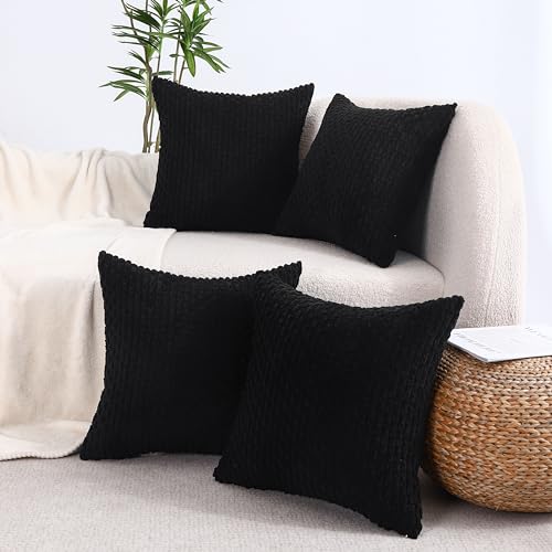 VAKADO 12x20 Set of 4 Lumbar Black Decorative Throw Pillow Covers Couch Corduroy Home Living Room Farmhouse Rustic Cushion Case Decor Neutral Boho Square for Bed Sofa