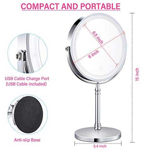 AMZNEVO Rechargeable 8'' Lighted Makeup Mirror, 10X Magnifying Vanity Mirror with 3 Color LED Lights, Double-Sided Cosmetic Mirror Battery Powered, Touch Button Adjust Brightness