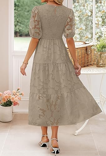 ZESICA Women's 2024 Summer Short Puff Sleeve Crewneck Smocked Floral Lace Flowy A Line Tiered Maxi Dresses,Red,Medium